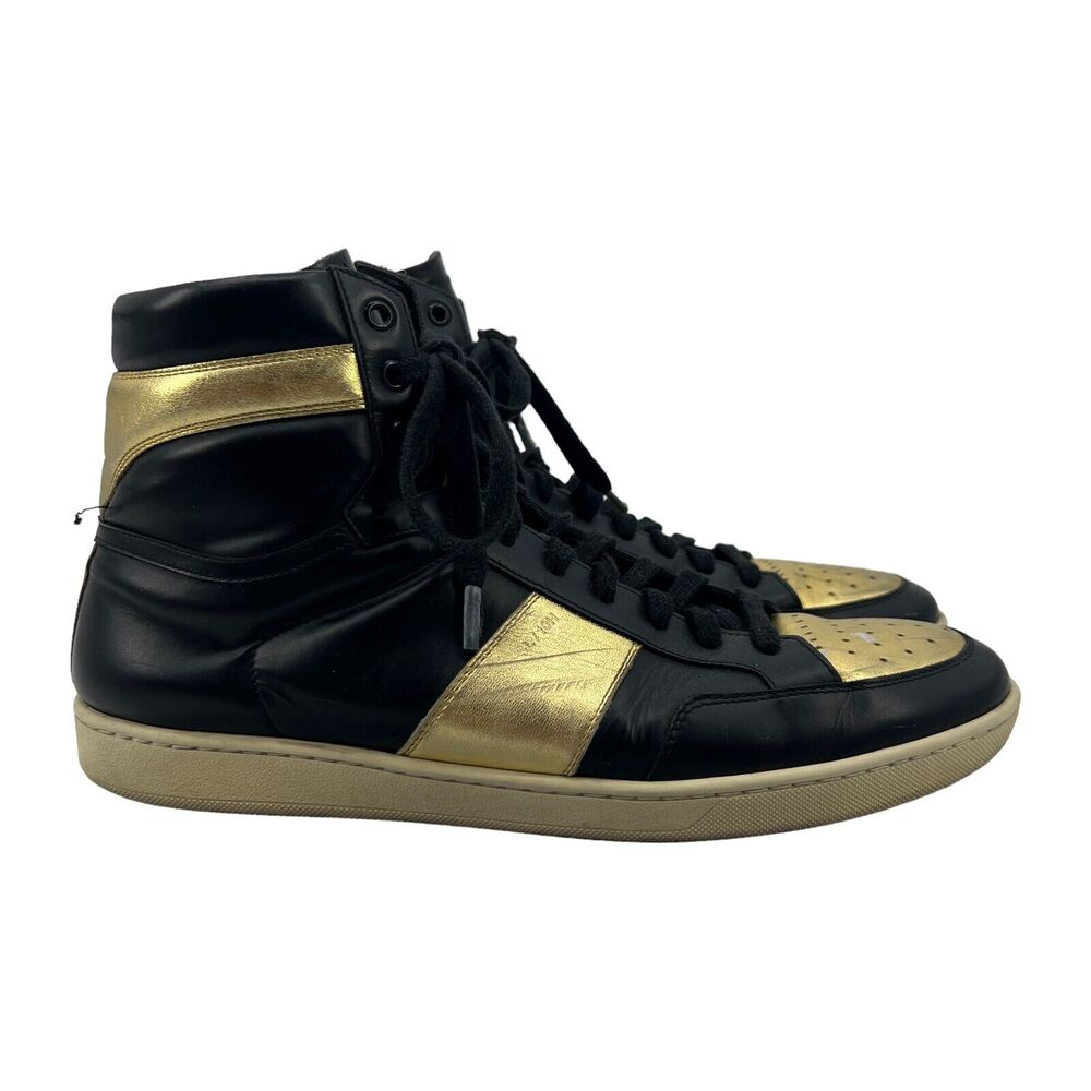 Saint Laurent SL10H Sneaker Mens 46 Black Gold Leather Lace Up High Top Trainers